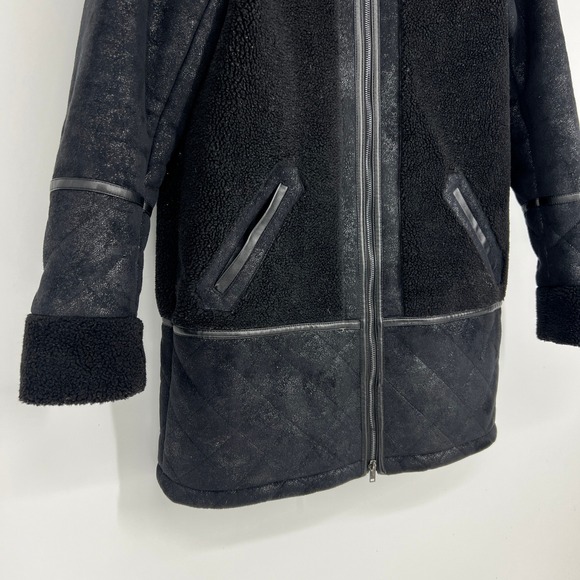 Abercrombie Fitch Black Faux Leather Sherpa Lined Hooded Coat‎ Women's Size M - Picture 14 of 15